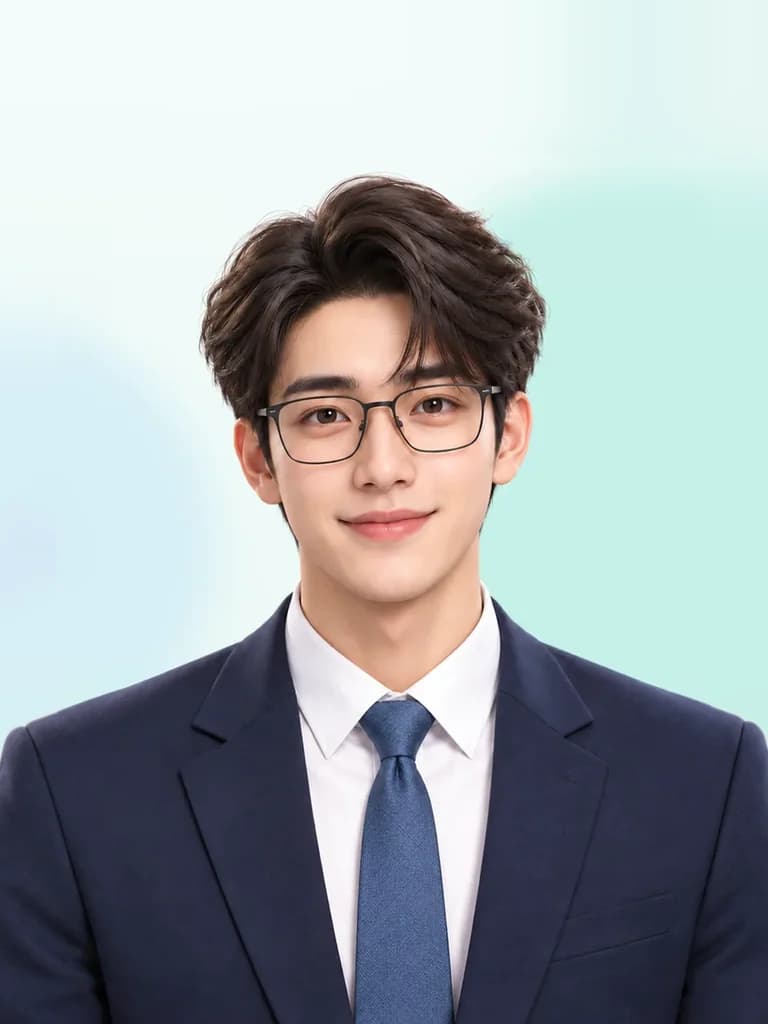 Mr Adam, your AI teacher: a young teacher in glasses, a suit and tie