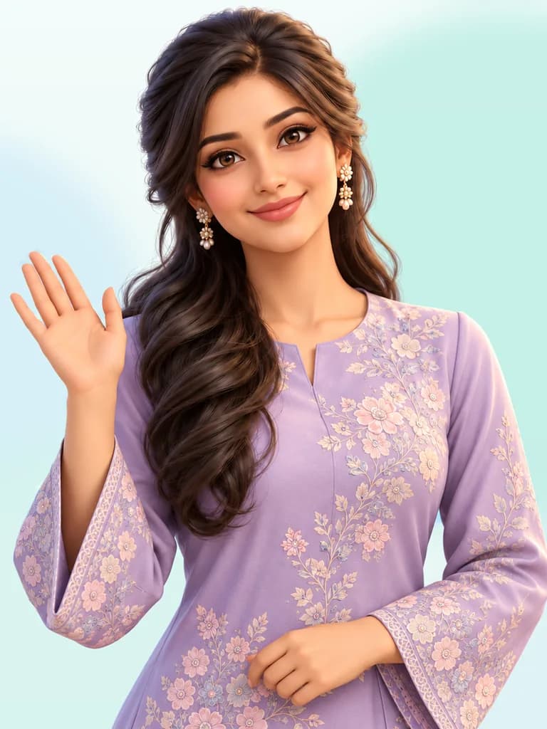 Ms Isha, your AI teacher: a young teacher in a lilac baju kurung