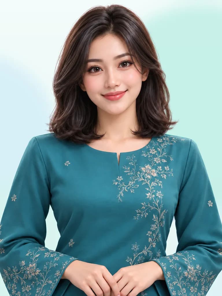 Ms Lily, your AI teacher: a cheerful young teacher in a teal baju kurung
