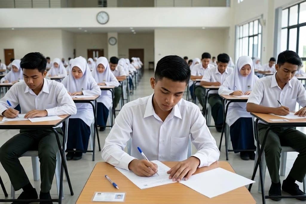 Secondary school students in uniform sitting an exam in a school hall