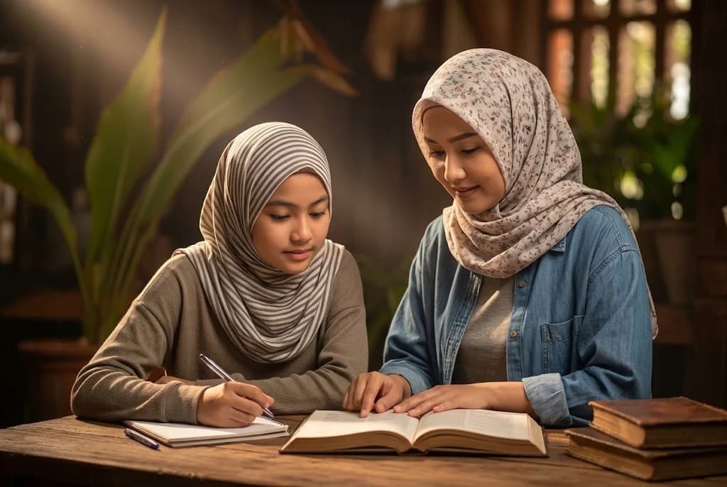 A mother guiding her daughter through her revision at a wooden table