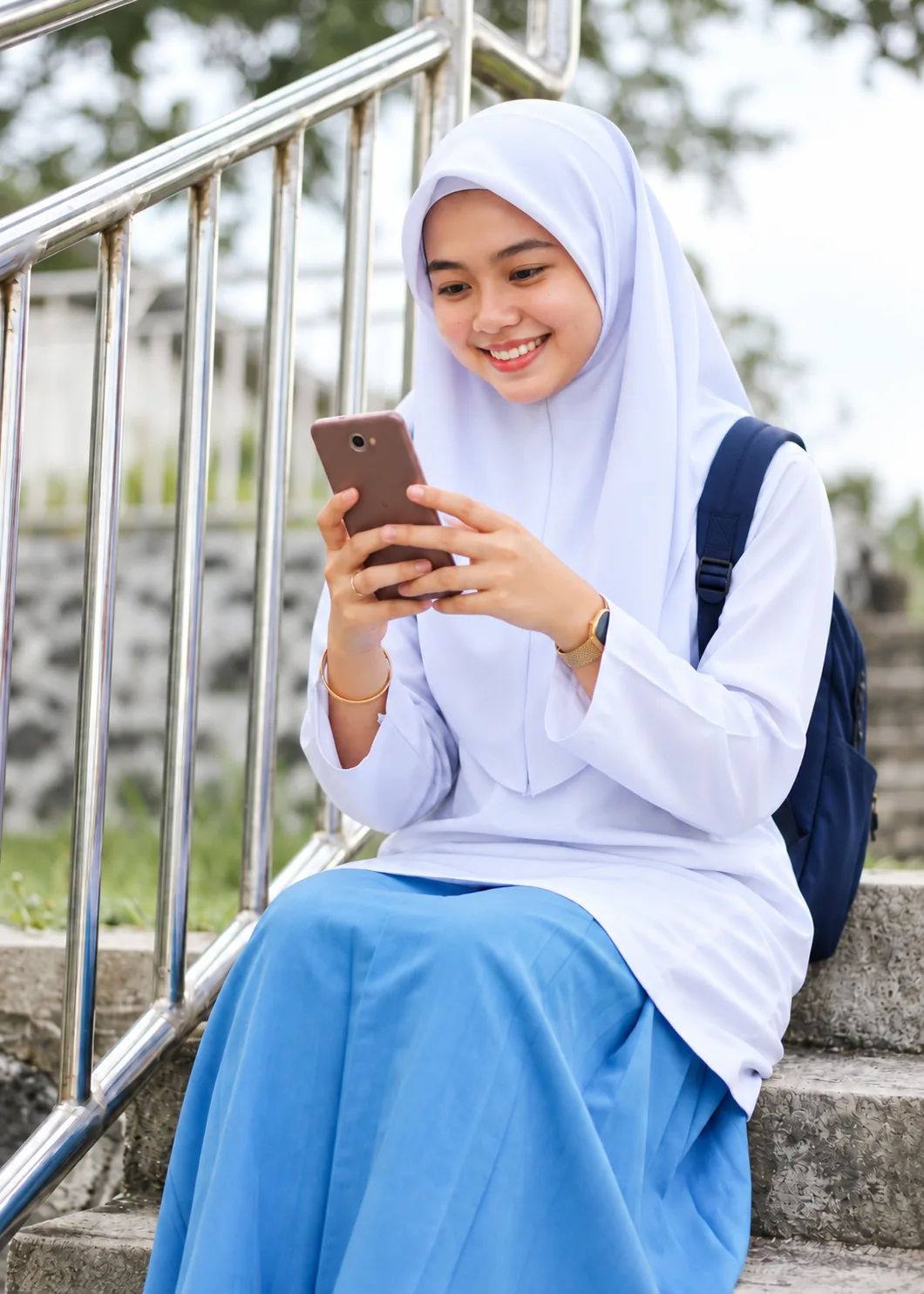 A student in a white baju kurung and tudung smiling at her phone as she sits on the school steps