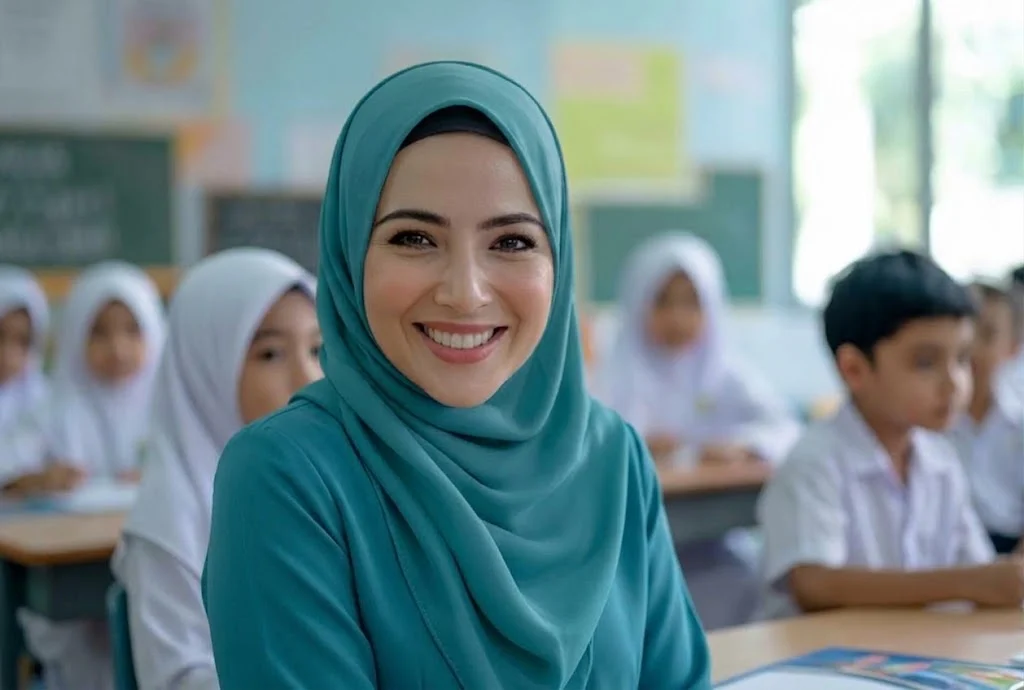 A smiling teacher in her classroom with her students behind her